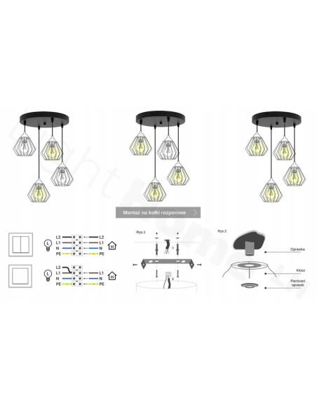 Lampa wisząca EDISON z unikatowymi kloszami - stylowe oświetlenie do jadalni, salonu i korytarza, czarny, 4 źródła światła.