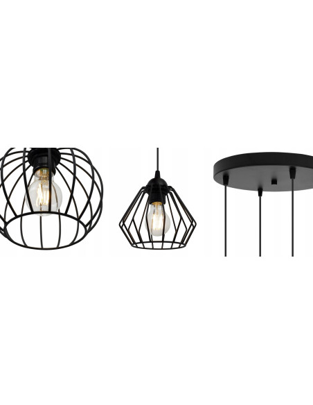 Lampa wisząca EDISON z unikatowymi kloszami - stylowe oświetlenie do jadalni, salonu i korytarza, czarny, 4 źródła światła.