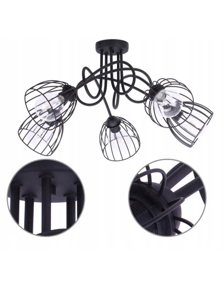 Lampa wisząca EDISON w stylu loftowym, czarna, 5-punktowa, idealna do klatki schodowej i nowoczesnych wnętrz.