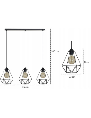 Potrójna lampa wisząca diamentowa Edison w czerni - nowoczesna dekoracja do biura, jadalni i salonu od Light Home
