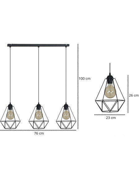 Potrójna lampa wisząca diamentowa Edison w czerni - nowoczesna dekoracja do biura, jadalni i salonu od Light Home