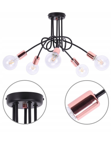 Designerski żyrandol EDISON w miedzi, 5-punktowe oświetlenie loftowe do jadalni i salonu, wysoka jakość wykonania.