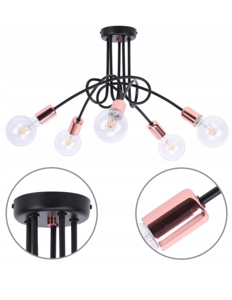 Designerski żyrandol EDISON w miedzi, 5-punktowe oświetlenie loftowe do jadalni i salonu, wysoka jakość wykonania.