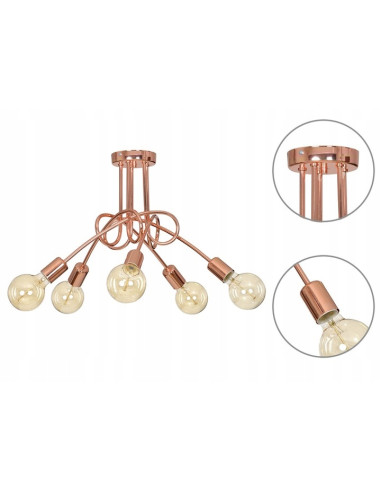 Lampa sufitowa EDISON 5-punktowa w miedzi – nowoczesny styl do sypialni, salonu oraz biura. Elegancja i funkcjonalność.