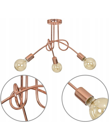 Żyrandol miedziany EDISON z 3 punktami świetlnymi - elegancki dodatek do salonu i jadalni w minimalistycznym stylu.