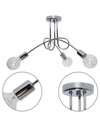 Lampa sufitowa EDISON E27 w chromie, nowoczesna bez kloszy, 3 punkty świetlne, elegancka do jadalni, kuchni i salonu