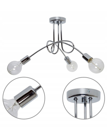 Lampa sufitowa EDISON E27 w chromie, nowoczesna bez kloszy, 3 punkty świetlne, elegancka do jadalni, kuchni i salonu