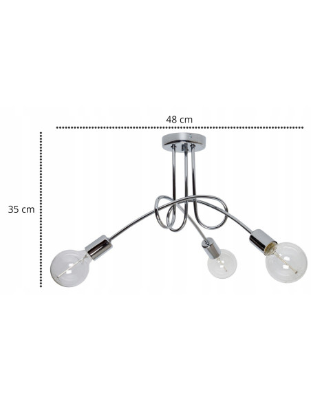 Lampa sufitowa EDISON E27 w chromie, nowoczesna bez kloszy, 3 punkty świetlne, elegancka do jadalni, kuchni i salonu