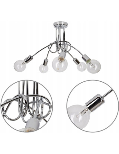 Plafon EDISON 60W w kolorze chromowym, nowoczesne oświetlenie sufitowe do biura, kuchni i salonu, 5 punktów świetlnych.