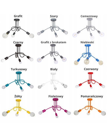 Lampa sufitowa EDISON - designerski żyrandol loftowy, metalowa konstrukcja, 3 źródła światła, różnorodne kolory.