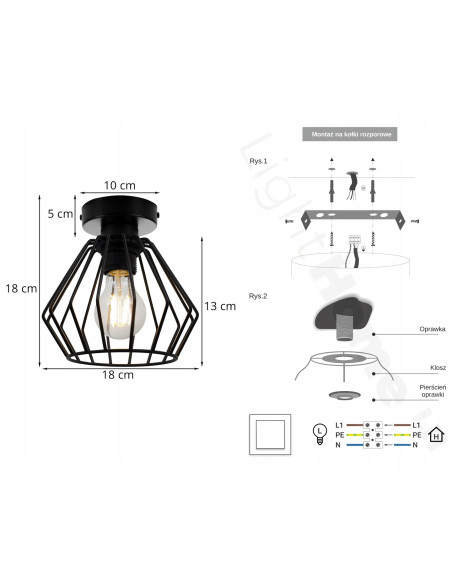 Plafon loftowy NUVOLA z czarnym kloszem druciakowym, 18 cm, marki Light Home do nowoczesnych wnętrz