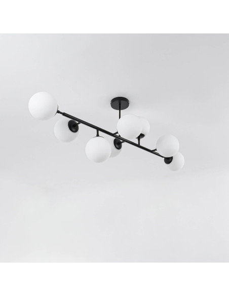Elegancka lampa sufitowa DORADO w czerni z 8 mlecznymi kloszami – stylowe oświetlenie do każdego wnętrza.