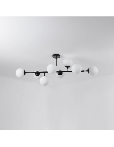 Elegancka lampa sufitowa DORADO w czerni z 8 mlecznymi kloszami – stylowe oświetlenie do każdego wnętrza.