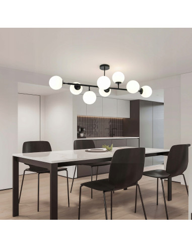 Elegancka lampa sufitowa DORADO w czerni z 8 mlecznymi kloszami – stylowe oświetlenie do każdego wnętrza.