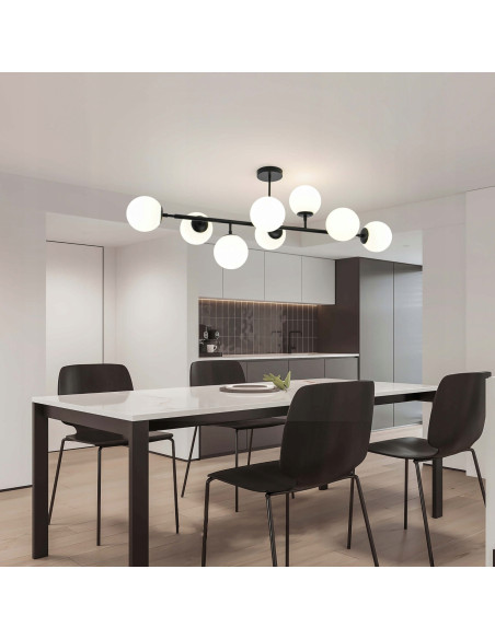 Elegancka lampa sufitowa DORADO w czerni z 8 mlecznymi kloszami – stylowe oświetlenie do każdego wnętrza.