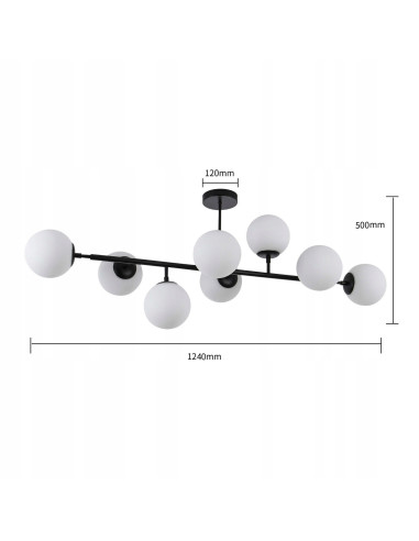 Elegancka lampa sufitowa DORADO w czerni z 8 mlecznymi kloszami – stylowe oświetlenie do każdego wnętrza.
