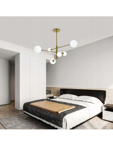 Lampa wisząca DORADO 6, elegancka złota z kulistymi kloszami, idealna do biura i salonu