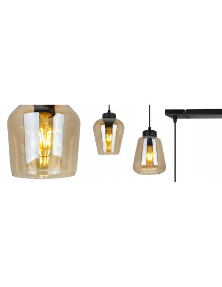 Elegancka lampa wisząca RIJEKA w kolorze bursztynowym z trzema kloszami, idealna do biura, jadalni i salonu.