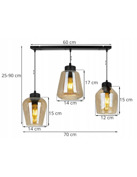 Elegancka lampa wisząca RIJEKA w kolorze bursztynowym z trzema kloszami, idealna do biura, jadalni i salonu.