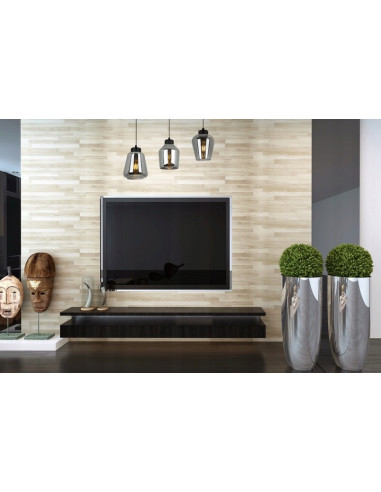 Elegancka lampa wisząca RIJEKA w kolorze bursztynowym z trzema kloszami, idealna do biura, jadalni i salonu.