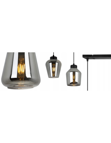 Elegancka lampa wisząca RIJEKA w kolorze bursztynowym z trzema kloszami, idealna do biura, jadalni i salonu.