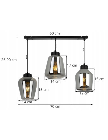 Elegancka lampa wisząca RIJEKA w kolorze bursztynowym z trzema kloszami, idealna do biura, jadalni i salonu.