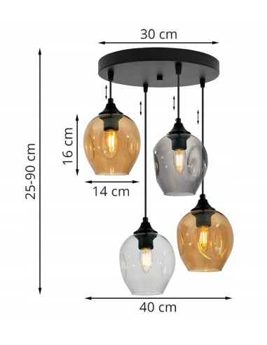 Lampa wisząca Praga z wymiennymi kloszami – elegancka, czarna lampa LED z 4 punktami świetlnymi do nowoczesnych wnętrz.