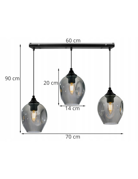 Lampa wisząca PRAGA z 3 dymionymi kloszami – nowoczesny design w czerni i szarości do eleganckich wnętrz