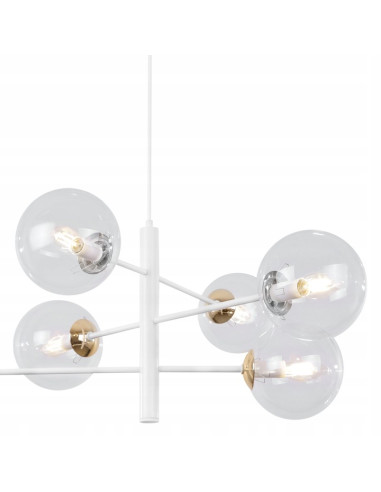Lampa wisząca VICENZA - elegancka biało-złota z 6 kloszami, regulowana wysokość do biura i salonu