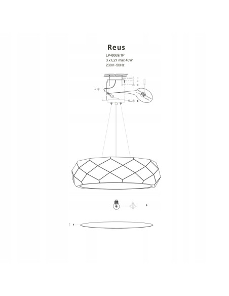 Lampa wisząca Reus w czerni z metalowym kloszem - nowoczesny design, 120 cm, idealna do eleganckich wnętrz.