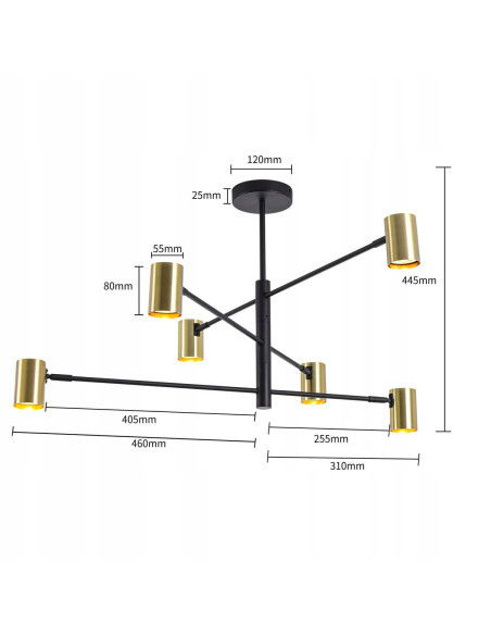 Lampa wisząca SNOW czarno-złota z regulacją, 6 punktów świetlnych - nowoczesny design do biura i salonu
