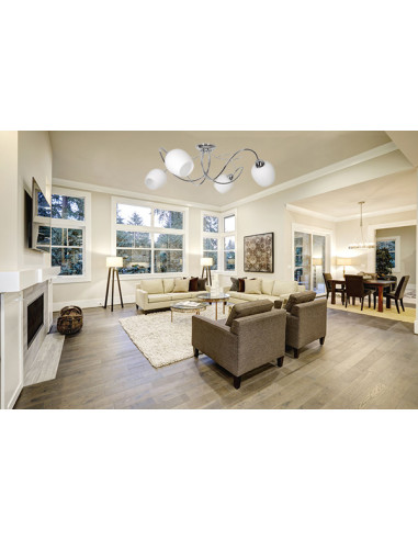 Plafon sufitowy Dorika E14 z chromu i białymi kloszami, nowoczesny żyrandol 4-punktowy do eleganckich wnętrz