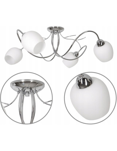Plafon sufitowy Dorika E14 z chromu i białymi kloszami, nowoczesny żyrandol 4-punktowy do eleganckich wnętrz