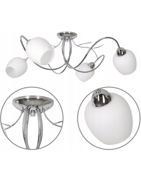 Plafon sufitowy Dorika E14 z chromu i białymi kloszami, nowoczesny żyrandol 4-punktowy do eleganckich wnętrz