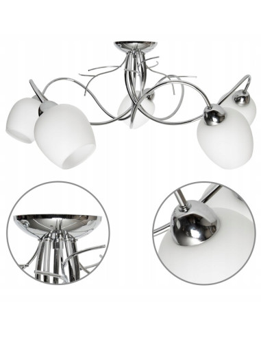 Plafon nowoczesny Dorika 5-punktowy w srebrze z białymi kloszami - eleganckie oświetlenie do salonu i sypialni