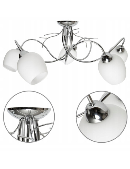 Plafon nowoczesny Dorika 5-punktowy w srebrze z białymi kloszami - eleganckie oświetlenie do salonu i sypialni