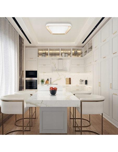 Plafon LED QUADRO GOLD z regulacją, elegancki biało-złoty design do kuchni, biura i salonu, 7050 lm.