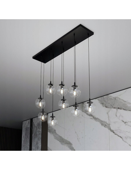 Żyrandol COSMO z wiszącymi szklanymi kulami, nowoczesny czarny design do sypialni i holu, elegancka iluminacja wnętrz