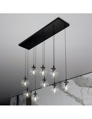 Żyrandol COSMO z wiszącymi szklanymi kulami, nowoczesny czarny design do sypialni i holu, elegancka iluminacja wnętrz