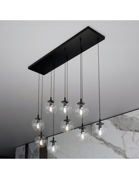 Żyrandol COSMO z wiszącymi szklanymi kulami, nowoczesny czarny design do sypialni i holu, elegancka iluminacja wnętrz