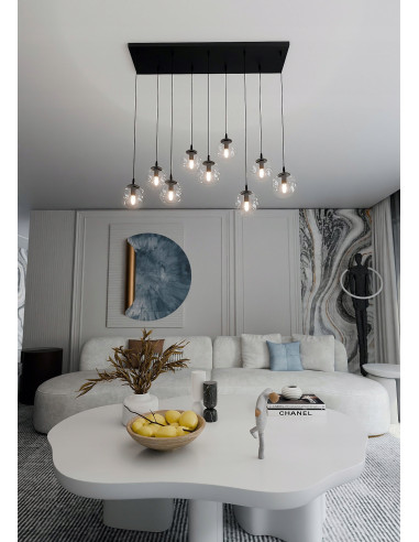 Żyrandol COSMO z wiszącymi szklanymi kulami, nowoczesny czarny design do sypialni i holu, elegancka iluminacja wnętrz