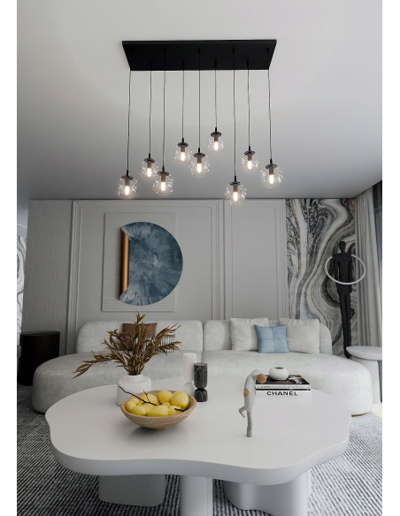 Żyrandol COSMO z wiszącymi szklanymi kulami, nowoczesny czarny design do sypialni i holu, elegancka iluminacja wnętrz