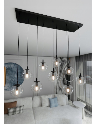 Żyrandol COSMO z wiszącymi szklanymi kulami, nowoczesny czarny design do sypialni i holu, elegancka iluminacja wnętrz