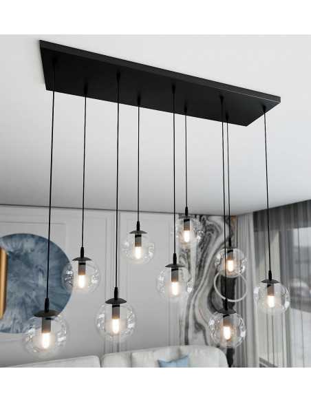 Żyrandol COSMO z wiszącymi szklanymi kulami, nowoczesny czarny design do sypialni i holu, elegancka iluminacja wnętrz