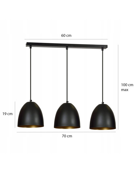 Nowoczesny Żyrandol Trzykloszowy LENOX z Złotym Detalem, Metalowy, E27, 100 cm, Elegancki do Kuchni i Jadalni