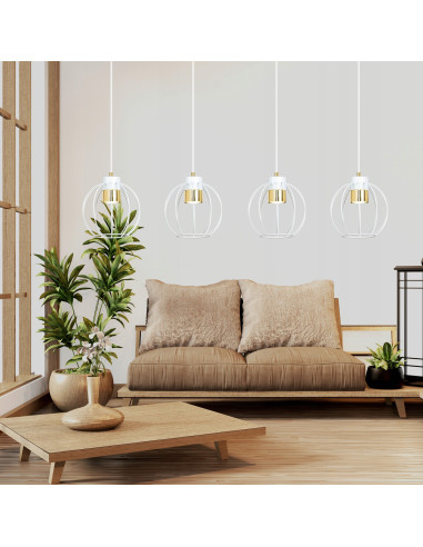 Lampa wisząca AJAX - Nowoczesne oświetlenie z regulowaną wysokością i 4 źródłami światła w białych kloszach.