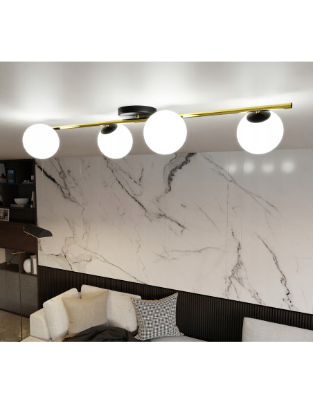 Elegancki żyrandol SPLENDI z białymi kulami i złotą poprzeczką, lampa sufitowa do salonu i jadalni