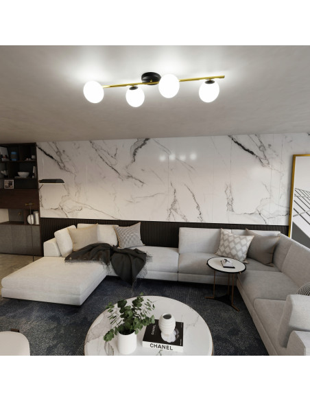 Elegancki żyrandol SPLENDI z białymi kulami i złotą poprzeczką, lampa sufitowa do salonu i jadalni