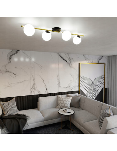 Elegancki żyrandol SPLENDI z białymi kulami i złotą poprzeczką, lampa sufitowa do salonu i jadalni