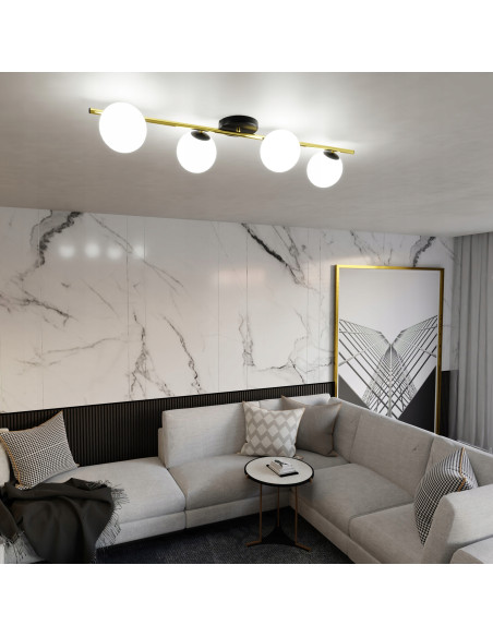 Elegancki żyrandol SPLENDI z białymi kulami i złotą poprzeczką, lampa sufitowa do salonu i jadalni